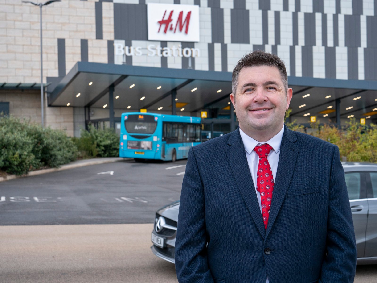Shaun Davies MP for Telford, outside of Telford Bus Station.