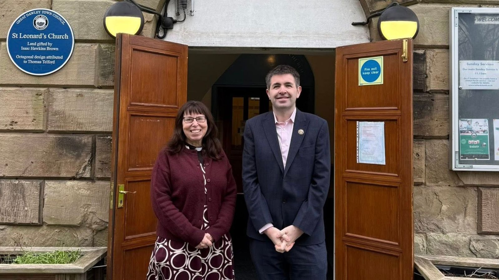 Shaun Davies MP and Rev Jo Farnworth at St Leonard’s Church, Malinslee