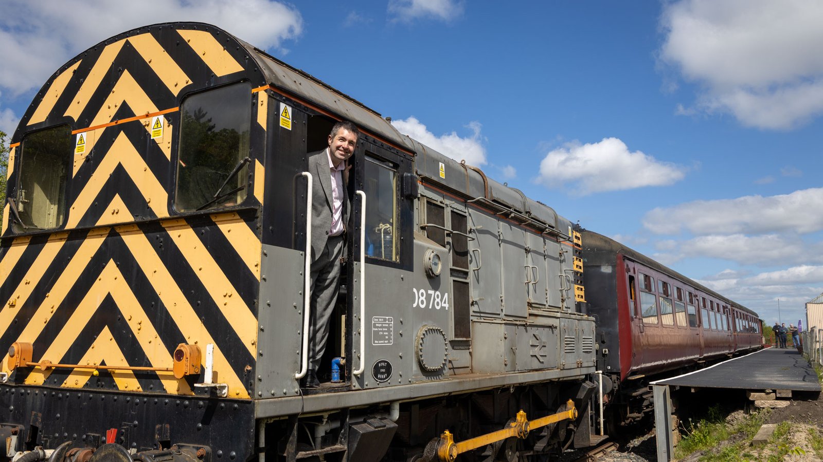 Shaun Davies MP on board a diesel shunter train at Telford Steam Railway