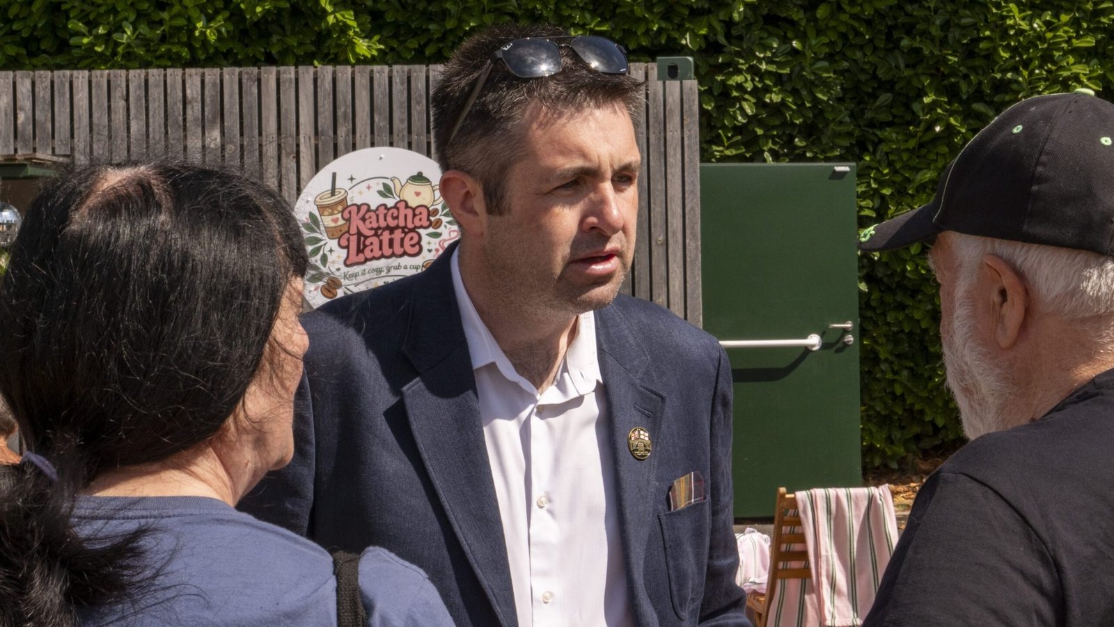 Shaun Davies MP in Dawley Park, speaking to residents