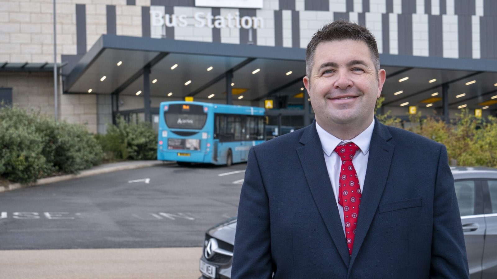 Shaun Davies MP for Telford, outside of Telford Bus Station.