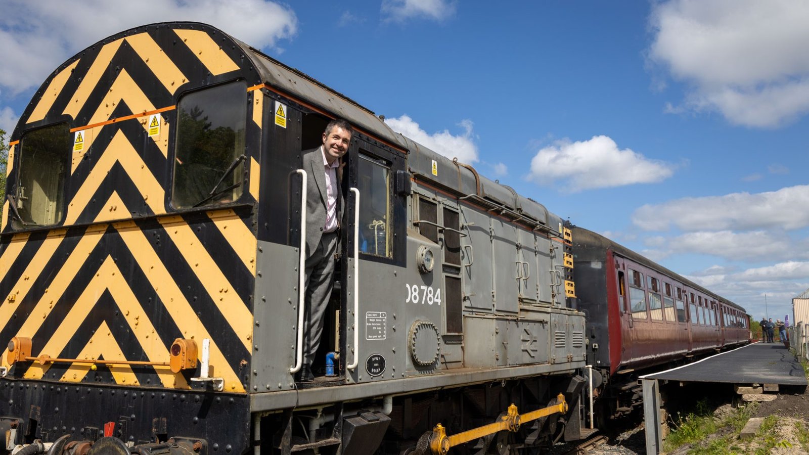 Shaun Davies MP on board a diesel shunter train at Telford Steam Railway